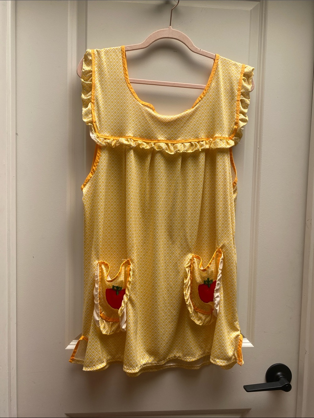 Vintage Hand-Sewn Yellow Apron Dress with Ruffle and Red Apple Pockets